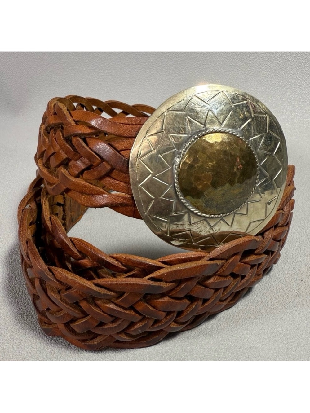 Braided Brown Leather Belt with Round Silver and Gold-Tone Buckle - Picture 1 of 6
